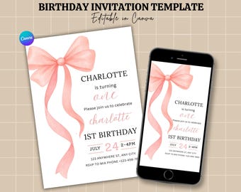 Invitation d'anniversaire modifiable avec un noeud rose | 1r invitation de fête d'anniversaire coquette pastel | Modèle d'Invitation élégante fille ruban