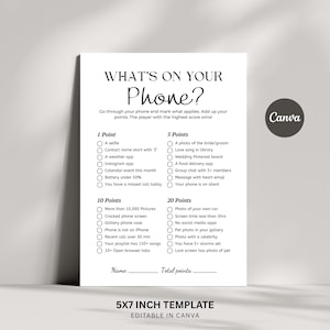 Könnte beinhalten: Eine weiße 5x7 Zoll Vorlage mit dem Text "WHAT'S ON YOUR Phone?" und einer Spiel-Checkliste. Das Spiel beinhaltet Punktwerte für verschiedene Aktivitäten im Zusammenhang mit dem Telefon. Die Vorlage ist in Canva editierbar.
