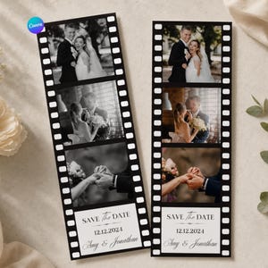 May include: Black and white film strip-style wedding Save the Date cards. Each card features three photos of a couple, with the text "Save The Date 12.12.2024 Amy & Jonathan" at the bottom. The cards are decorated with a film strip border.
