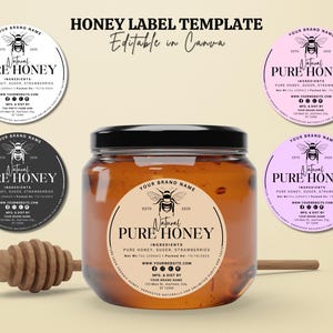 Editable Honey Labels Template, Homemade Product Label, Mason Jar Labels, Honey Bee Round Sticker, Custom Honey Jar Label Design for Canva