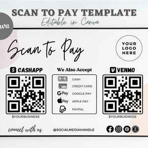 Bearbeitbare Scan-to-Pay-Karte, Canva-Vorlage, QR-Code-Zeichen, Geschäftsschild für kleine Unternehmen, Venmo-Zahlung druckbar, sofortiger Download, Canva