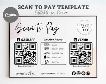Editable Scan to Pay Card, Canva Template, QR Code Sign, Business Sign for Small Business, Venmo Payment Printable, Instant Download, Canva