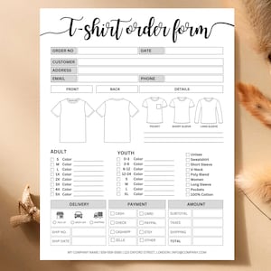 May include: A white T-shirt order form with sections for customer details, shirt styles, sizes, and payment information. The form includes options for adult and youth sizes, delivery, and payment methods. The text "T-shirt order form" is at the top.