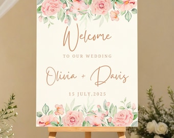 Blush Pink Wedding Welcome Sign – Editable Floral Rose Template – Soft Pink Printable Wedding Welcome Poster