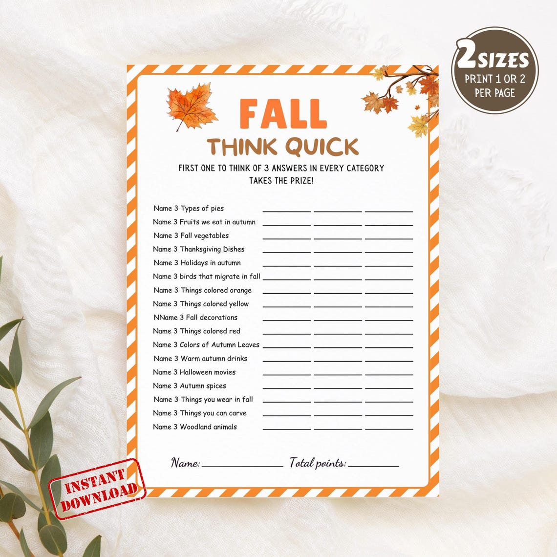Fall Think Fast Game | Printable Fall Trivia | Autumn Party Game ...