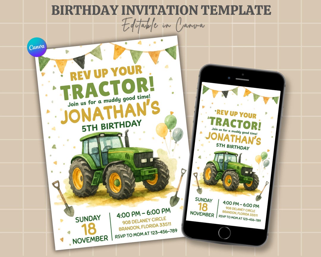 Tractor Birthday Invitation | Green Tractor Party Invite | Farm ...