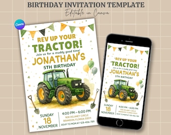 Tractor Birthday Invitation | Green Tractor Party Invite | Farm Vehicles Theme Birthday Template