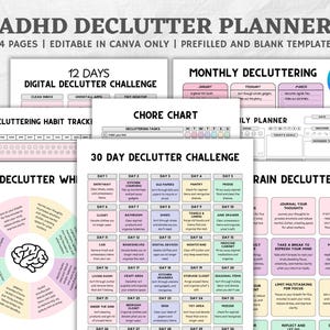 Peut inclure: Un planificateur imprimable avec des motifs pastel rose, bleu et vert. Le planificateur est intitulé "ADHD Declutter Planner" et comprend 44 pages de modèles imprimables pour désencombrer votre maison, votre cerveau et votre vie numérique. Le planificateur est éditable uniquement dans Canva.