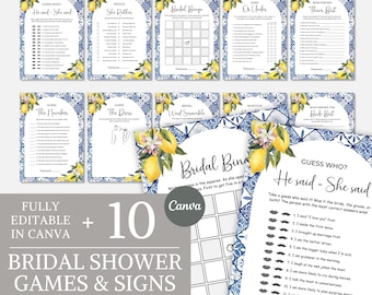 Amalfi Coast Bridal Shower Games Bundle | Citrus & Lemon Bridal Shower Games | Mediterranean Bridal Party Printable Template