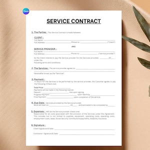 Pode incluir: Um documento de contrato de serviço branco com o título "SERVICE CONTRACT" em texto preto em negrito. O documento inclui seções para informações do cliente e do provedor de serviços, termos de pagamento e assinaturas. O documento está em um fundo bege com folhas verdes.