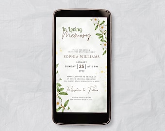 Greenery Funeral Invitation Template – Digital Phone Invite with Green Leaves & White Roses – Text Message Funeral Evite