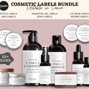 Puede incluir: Una colección de envases de productos cosméticos con etiquetas. Las etiquetas dicen "Vanilla Cashmere" e incluyen botellas, frascos y latas de bálsamo labial. La imagen también incluye el texto "Cosmetic Labels Bundle" y "Editable in Canva".