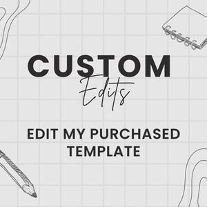 Peut inclure: Image avec le texte "CUSTOM Edits" en gras, noir, avec "Edits" en écriture cursive. En dessous, le texte indique "EDIT MY PURCHASED TEMPLATE". Le fond est un quadrillage gris clair avec des dessins d'un crayon, d'un carnet et de formes abstraites.