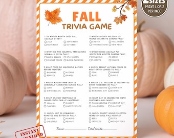 May include: A printable fall trivia game with an orange border, featuring questions about the season. The game includes multiple-choice questions about holidays, colours, and harvest. The words "Fall Trivia Game" are at the top.