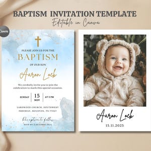 Modèle d'invitation de baptême bleu clair - invitation baptême moderne pour garçon - carte de baptême bleu bébé modifiable - téléchargement immédiat