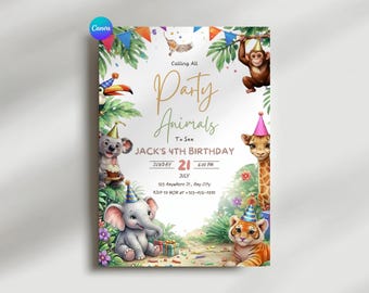 Party Animals Birthday Invitation Template, Jungle Safari Birthday Invite, Zoo Animal Party Invite, Editable Canva Digital Download