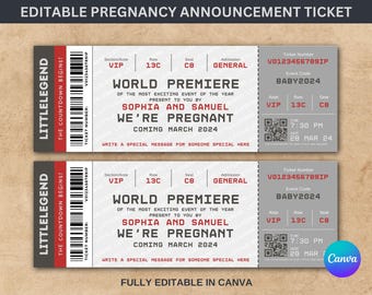 Editable Pregnancy Announcement Concert Tickets | Baby Reveal & Birth Announcement Ticket | Canva Editable Template