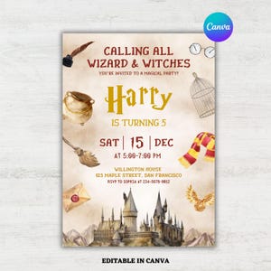 Puede incluir: Una invitación a una fiesta de cumpleaños con temática de Harry Potter con una ilustración de acuarela del castillo de Hogwarts, una snitch dorada, una escoba, una jaula, un caldero y una bufanda. La invitación dice "Calling all Wizard & Witches You're invited to a magical party! Harry is turning 5 Sat | 15 | Dec at 5:00-7:00 PM Willington House 123 Maple Street, San Francisco RSVP to Sophia at 234-5678-9012 Editable in Canva"