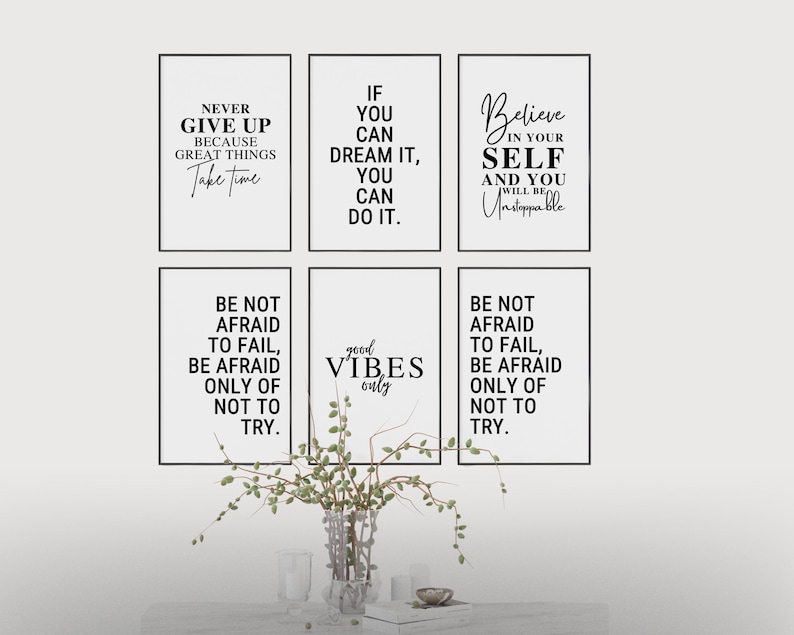 Set of 6 PRINTABLES,Downloadable Prints,Motivational Posters,Motivation Wall Art,Office Decor for,Women Inspirational,Work Quotes Modern,Home Office Desk,Self Employed Gifts,Dream Make It Happen,Inspiration Bundle,Entrepreneur Men,Never Give Up