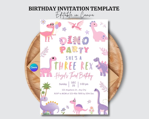 Pastel Dinosaur Girl Birthday Invitation, Three Rex Editable Invite, Cute Dino Pink Party Printable Template, Trex Birthday for Girls