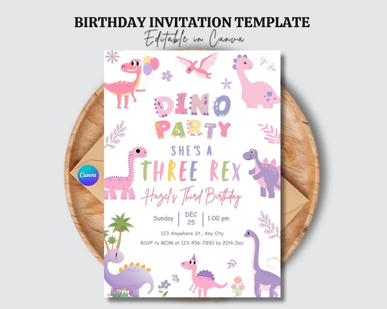 dino birthday, pink dino invite, trex party girl, dino editable, dino template, girl dino card, stomp roar dino, dinosaur invite, pastel trex, cute dino card, girl trex party, dinosaur girl, three rex invite