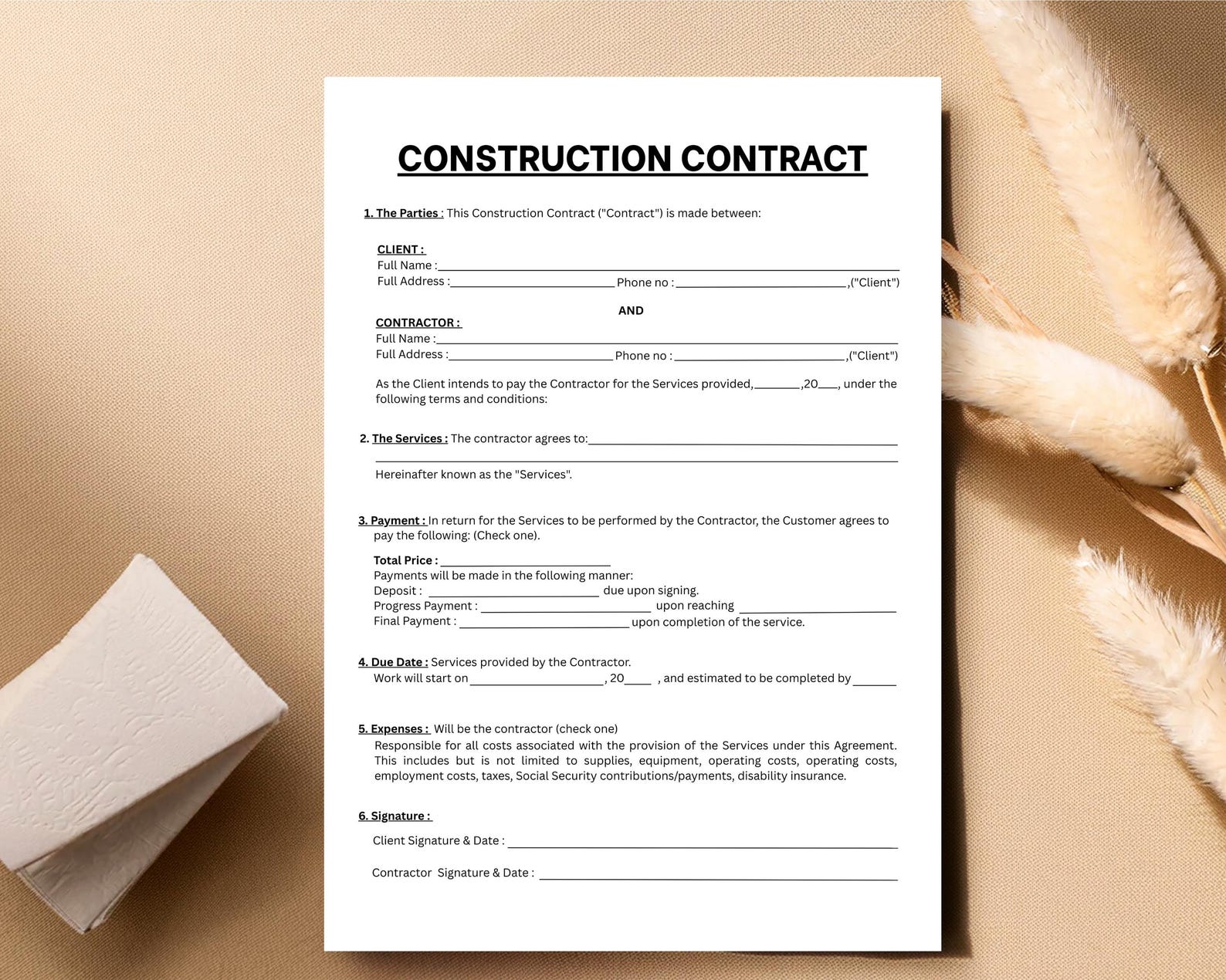 Editable Construction Contract Template | Single Page Agreement Form ...