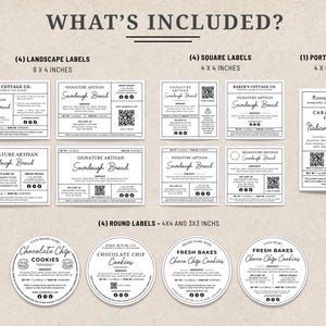 May include: A collection of food labels in various shapes and sizes. The labels include text such as "Sourdough Bread", "Caramelized Onion Italian Focaccia", and "Chocolate Chip Cookies". The labels are black and white.