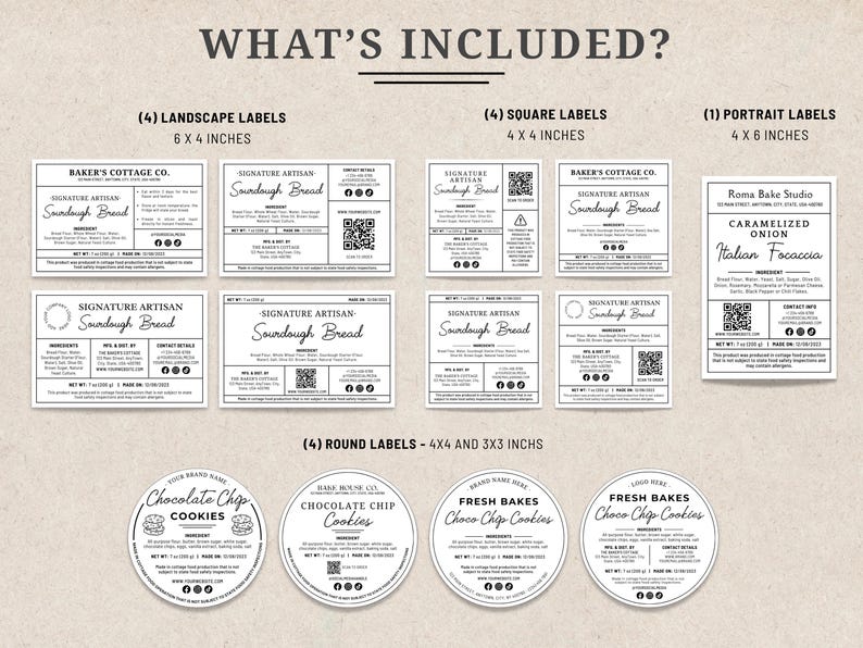 May include: A collection of food labels in various shapes and sizes. The labels include text such as "Sourdough Bread", "Caramelized Onion Italian Focaccia", and "Chocolate Chip Cookies". The labels are black and white.