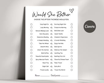 Would She Rather Bridal Shower Game | Printable Wedding Shower Activity, Minimalist Bride To Be Game, Fun Hen Party Game, Instant Download