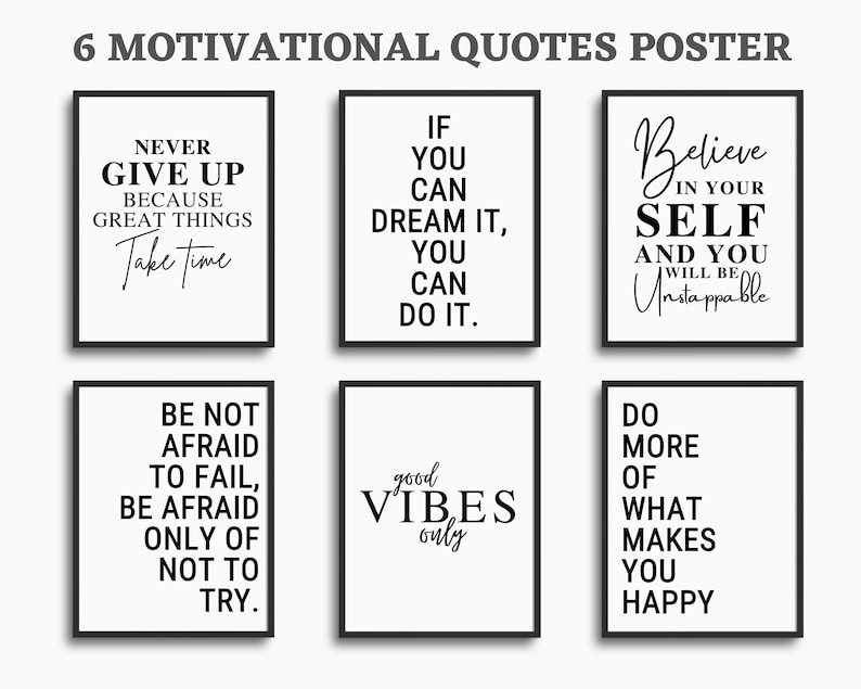 Set of 6 PRINTABLES,Downloadable Prints,Motivational Posters,Motivation Wall Art,Office Decor for,Women Inspirational,Work Quotes Modern,Home Office Desk,Self Employed Gifts,Dream Make It Happen,Inspiration Bundle,Entrepreneur Men,Never Give Up