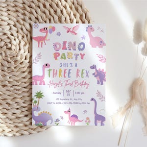 dino birthday, pink dino invite, trex party girl, dino editable, dino template, girl dino card, stomp roar dino, dinosaur invite, pastel trex, cute dino card, girl trex party, dinosaur girl, three rex invite