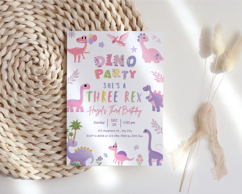 dino birthday, pink dino invite, trex party girl, dino editable, dino template, girl dino card, stomp roar dino, dinosaur invite, pastel trex, cute dino card, girl trex party, dinosaur girl, three rex invite