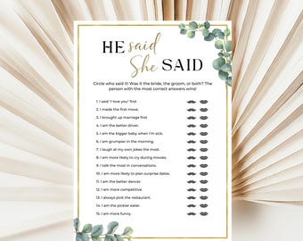 Eucalyptus He Said She Said Bridal Shower Game | Greenery Theme Printable | Fun Bride or Groom Guessing Game | Instant Download