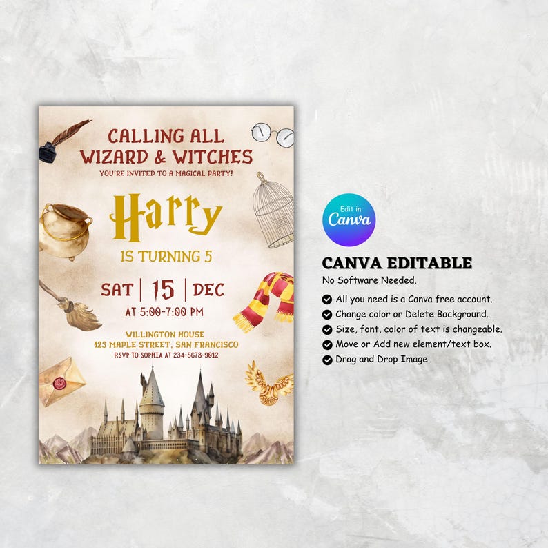 Practical Magic Invitations Wizard & Witches Birthday Invitation, Magical Castle Party Invite ...