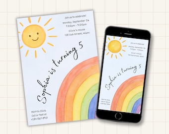 Watercolor Rainbow Birthday Invitation – Editable Girls Party E-Invite Template – Colorful Digital Canva Invitation