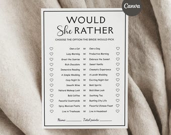 Would She Rather Bridal Shower Game | Printable Wedding Shower Activity, Minimalist Bride To Be Game, Fun Hen Party Game, Instant Download