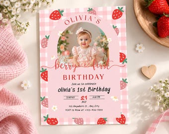 Berry First Birthday Invitation Template, Strawberry 1st Birthday Invite with Photo, Editable Girl Birthday Invitation, Printable Download