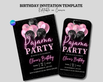 Pyjama-Party Einladung, digitale Girls Night Evite, Pink PJs Geburtstag einladen, bearbeitbare Sleepover eCard, Pyjama Party Bachelorette