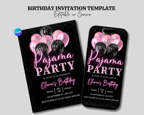 Pajama Party Invitation, Digital Girls Night Evite, Pink PJs Birthday Invite, Editable Sleepover eCard, Slumber Party Bachelorette