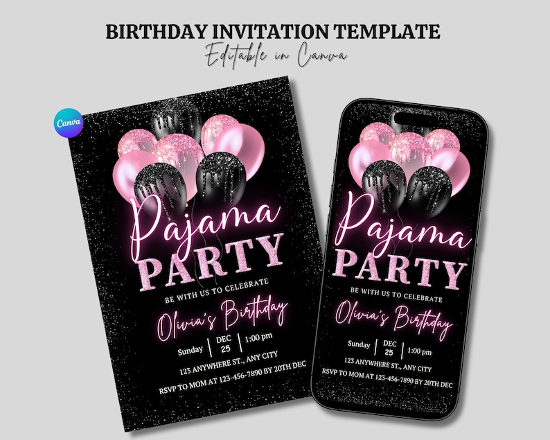 pajama invite, digital invite, girls night, pink birthday, glam invite, sleepover card, movie night, birthday evite, slumber party, fun pj invite, editable ecard, party for girls, animated card