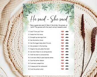 He Said She Said Bridal Shower Game | Greenery & Gold Printable Template | Editable Who Said It Bachelorette Party Game | Instant Download