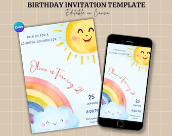 Watercolor Rainbow Birthday Invitation Template | Editable Colorful Party Invite for Girls | Digital Canva E-Invite