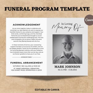 Peut inclure: Un modèle de programme funéraire sur fond beige. Le programme comprend du texte tel que "Modèle de programme funéraire", "Remerciements" et "Organisation des funérailles". Il présente également une photo en noir et blanc d'un homme et le texte "À la mémoire affectueuse de".
