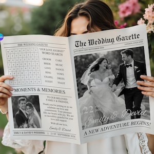 Può includere: Un giornale di nozze in bianco e nero, "The Wedding Gazette", presenta una foto degli sposi e il titolo "A New Adventure Begins!". Include un cruciverba e dettagli del matrimonio.
