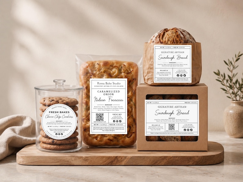 Canva Template,Digital Download,Editable Printable,Baked Goods Business,Thermal Printer Card,Farmers Market Tag,Sourdough Bread Box,Micro Bakery Sticker,Home Bakery Label,Cottage Food Law,Cookie Ingredients,QR Code Ingredients,6x4 4x4 Round BUNDLE