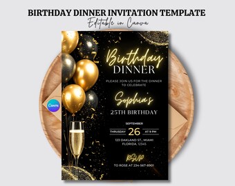 Black Tie Birthday Dinner Invitation – Animated Glam Black Gold Diamond eCard – Editable Digital Invite for Men & Women
