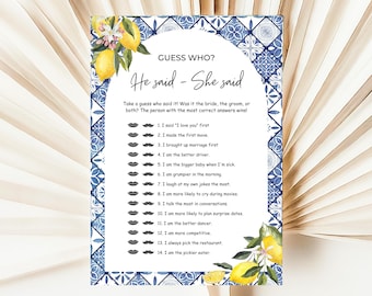 Positano Bridal Shower Game | He Said She Said, Lemon Theme (Printable)