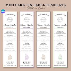 Puede incluir: Cuatro plantillas rectangulares de etiquetas para mini latas de pastel en colores pastel: melocotón, lavanda, beige y verde claro. Cada etiqueta presenta el texto "Classic Vanilla Cupcake", ingredientes e información de la marca. Las etiquetas son editables en Canva.