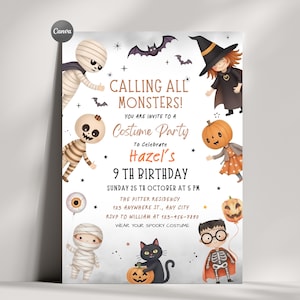 Könnte beinhalten: Eine Halloween-Einladung mit dem Text "CALLING ALL MONSTERS!" und "Costume Party". Die Einladung zeigt Illustrationen einer Mumie, Hexe, Kürbis, schwarzer Katze und eines Skeletts. Die Einladung ist für einen 9. Geburtstag.