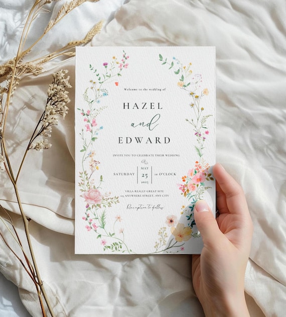 Wildflower Wedding Invitation Template, Wildflower Wedding Invite, Boho Wildflower Invitation, Floral Wreath
